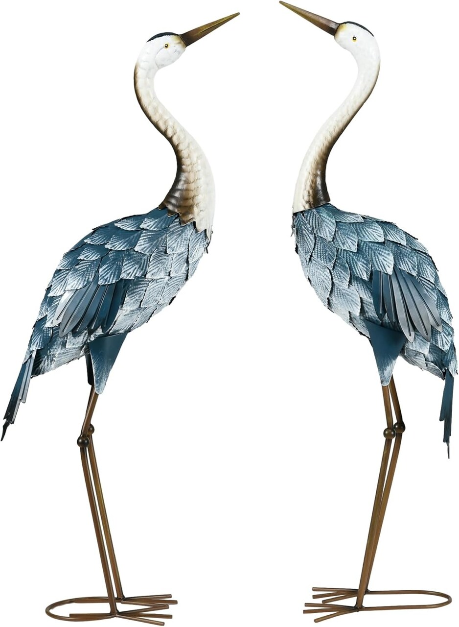 Heron Garden Statues 29" & 27.5" Metal Yard Art Blue & White Set of 2